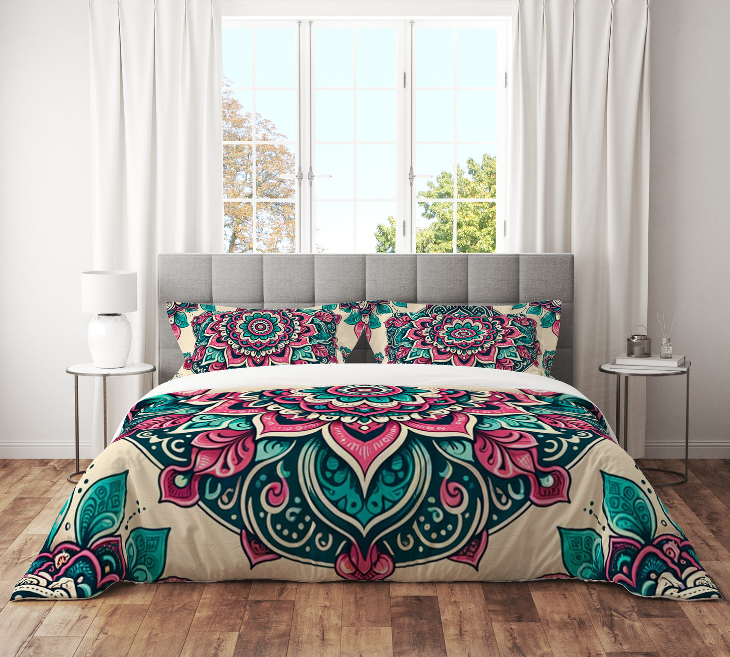 Bohemian Salmon Pink Indian Mandala Reversible Quilt Cover Duvet Cover Set - Adore India   