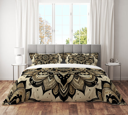 Bohemian GoldenBeige Indian Mandala Reversible Quilt Cover Duvet Cover Set - Adore India   