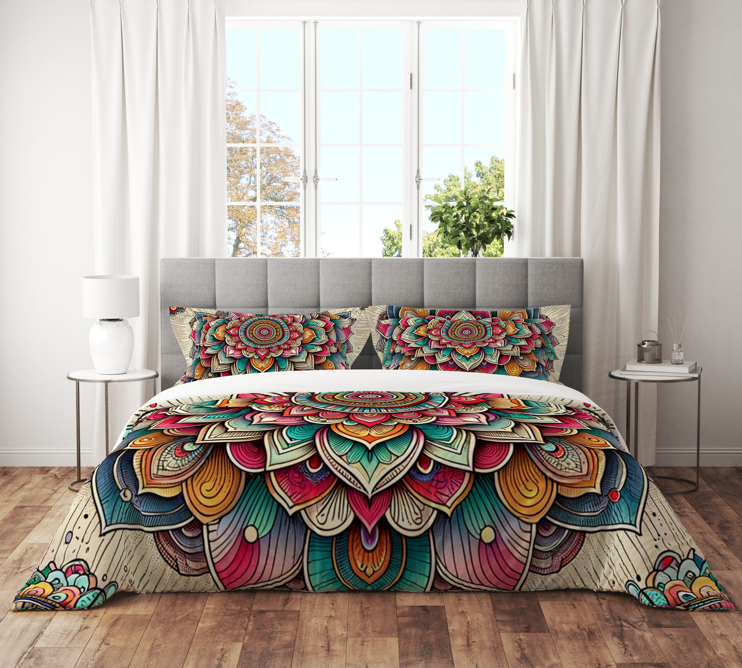 Bohemian Wild Flower Indian Mandala Reversible Quilt Cover Duvet Cover Set - Adore India   