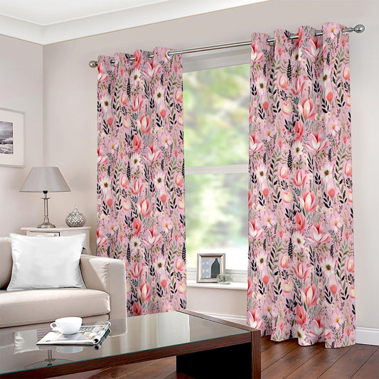 Pink Floral Bohemian Style Printed Eyelet Curtain