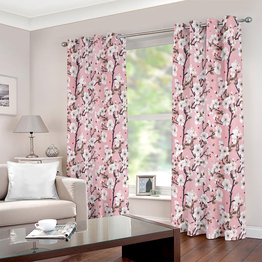 Pink Cherry Blossom Floral Printed Curtain Set