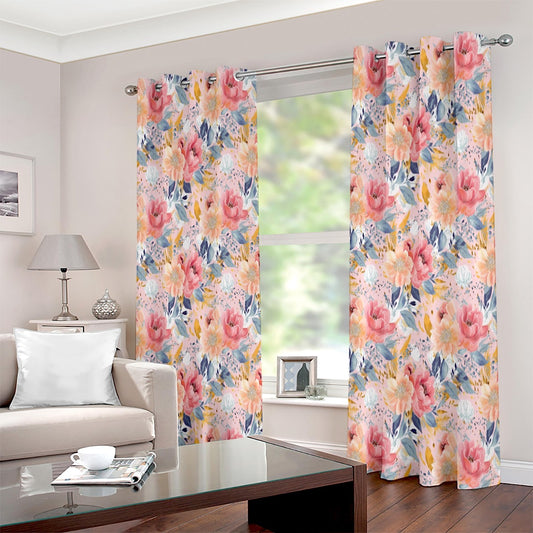 Pink Gold Rose Floral Colourful Printed Curtain Set