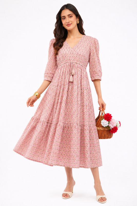 Womens Cotton Pink Floral Printed Tiered V Neck Midi Sumer Boho Dress