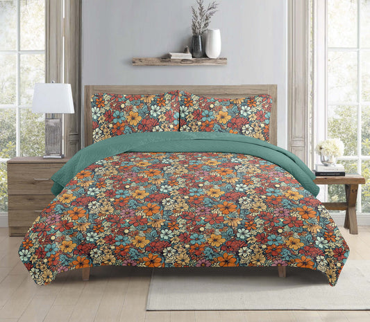 Indian Boho Batik Block Floral Printed Cotton Reversible Summer Lightweight Quilt Set