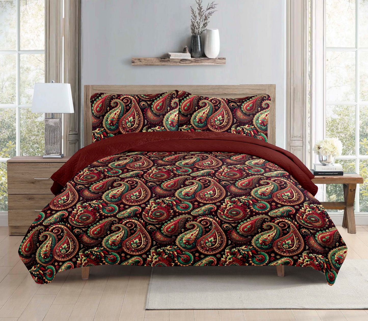 Royal Burgundy Paisley Printed Cotton Reversible Summer Lightweight Bedspread Quilt Set