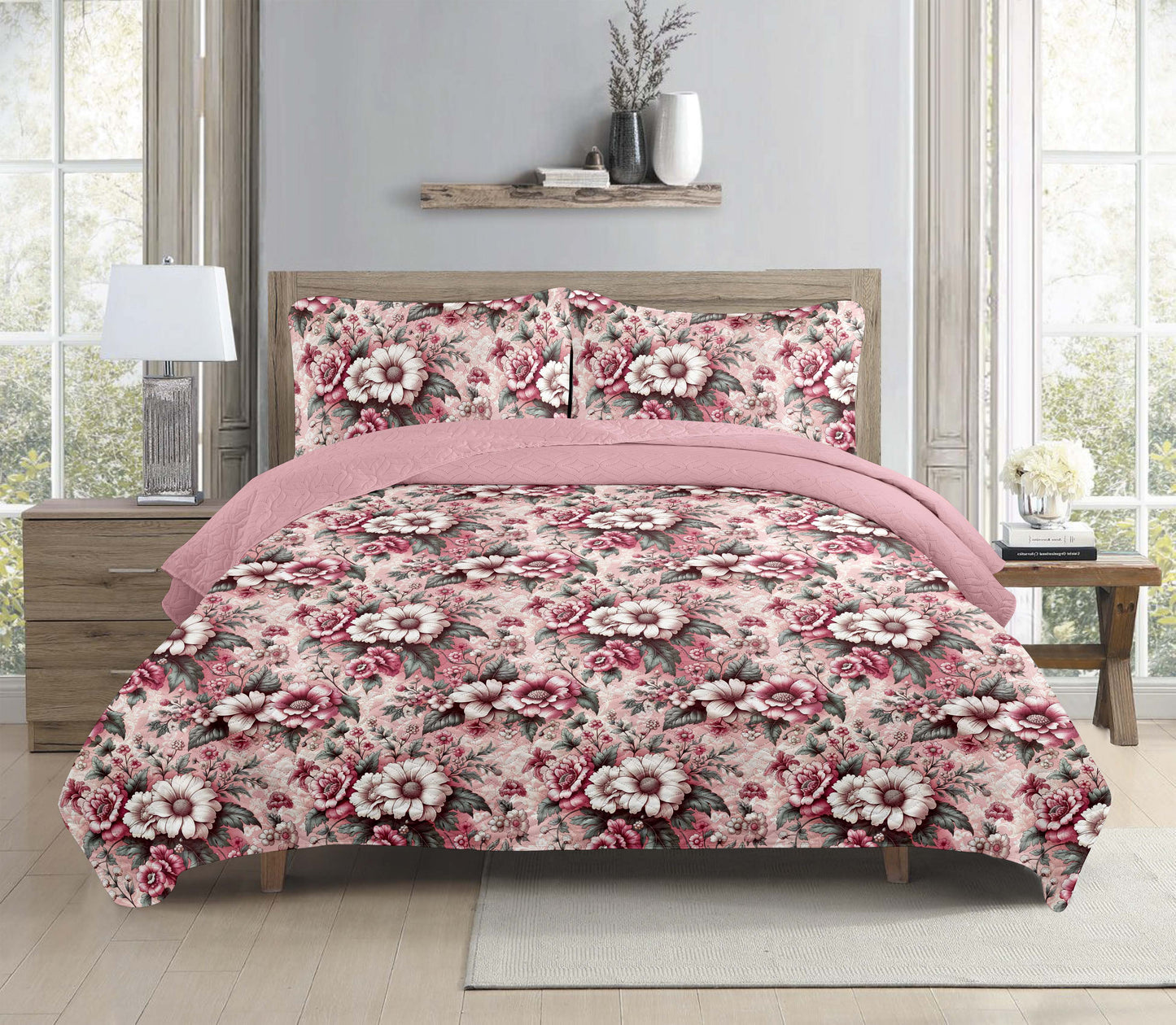 Vintage Pink Rose Printed Cotton Reversible Summer Lightweight Bedspread Quilt Set