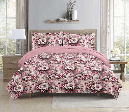 Vintage Pink Rose Printed Cotton Reversible Summer Lightweight Bedspread Quilt Set - Adore India   