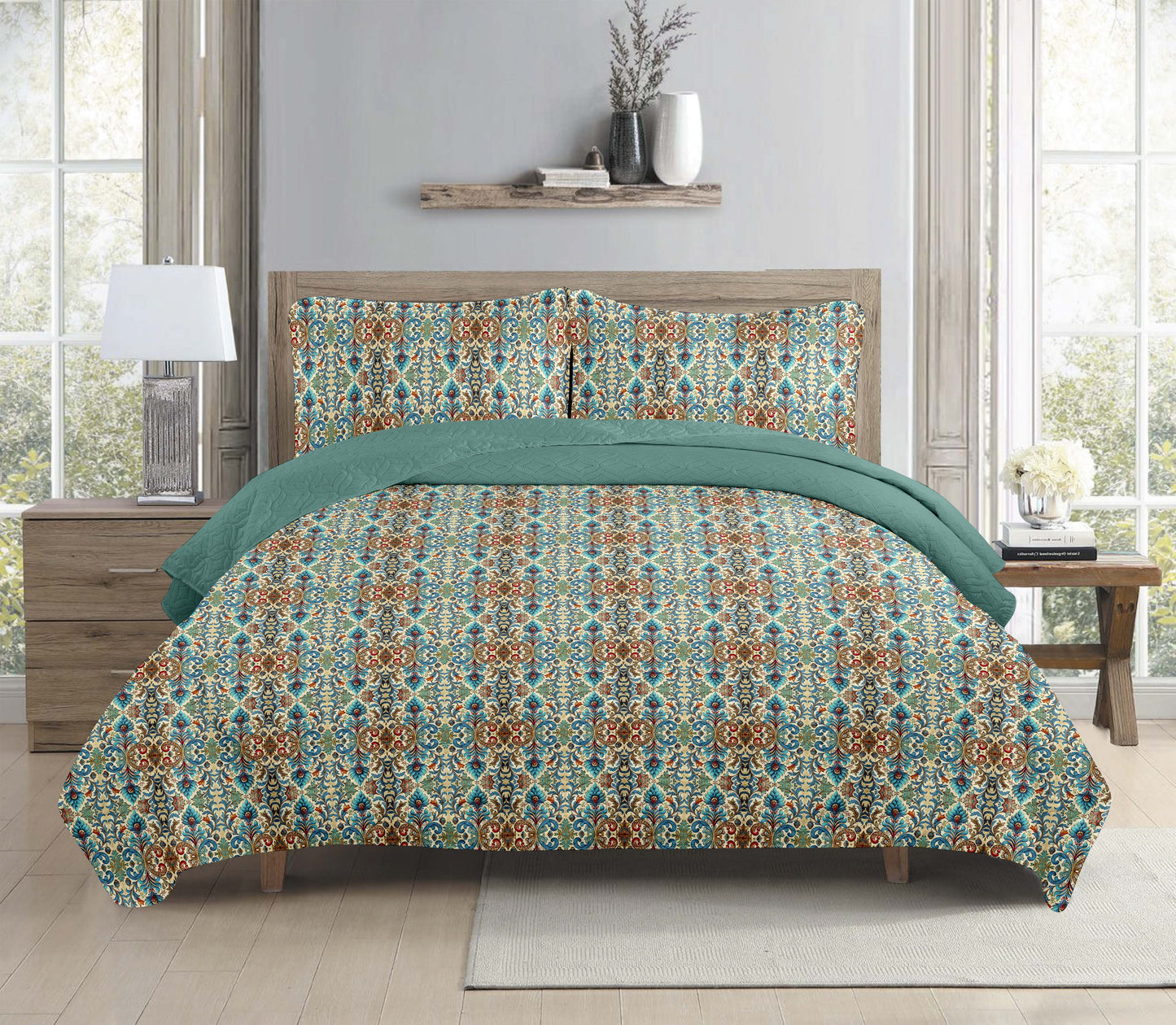 Vintage Teal Ikat Paisley Printed Cotton Reversible Summer Lightweight Bedspread Quilt Set - Adore India   