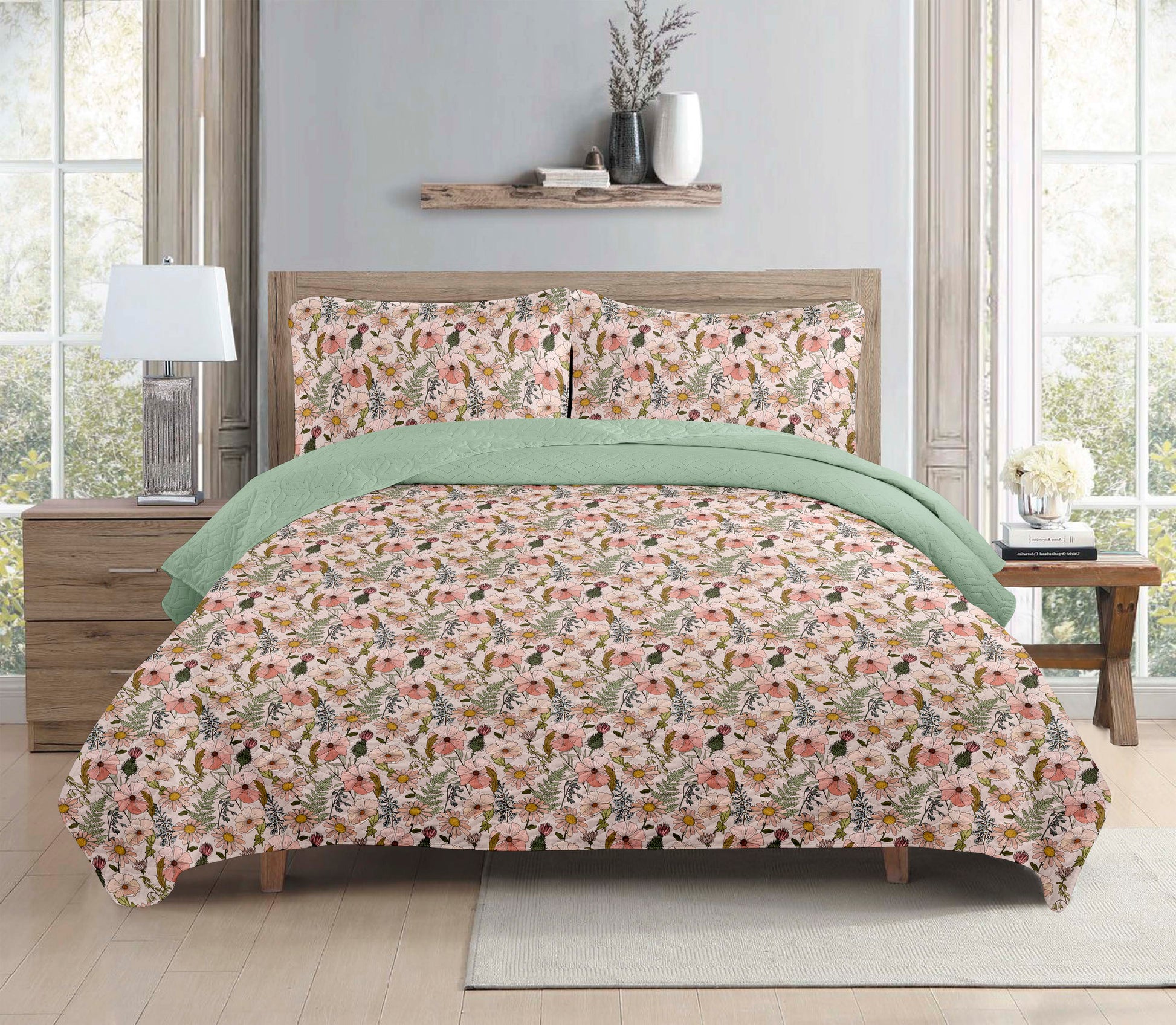 Pink Sage Block Batik Printed Cotton Reversible Summer Lightweight Bedspread Quilt Set