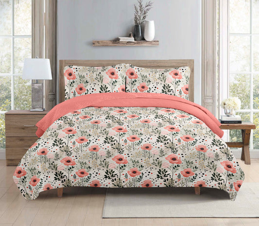 Bohemian Pink Grey Floral Printed Cotton Reversible Summer Lightweight Quilt Set