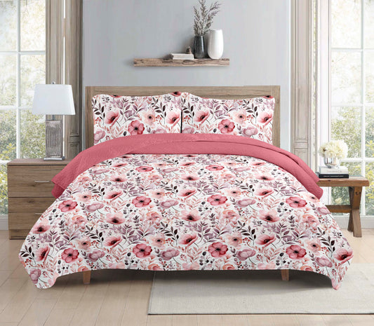 Bohemian Rose Pink Floral Printed Cotton Reversible Summer Lightweight Quilt Set