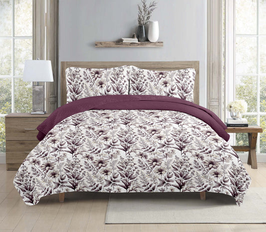 Burgundy Autumn Floral Printed Cotton Reversible Summer Lightweight Quilt Set