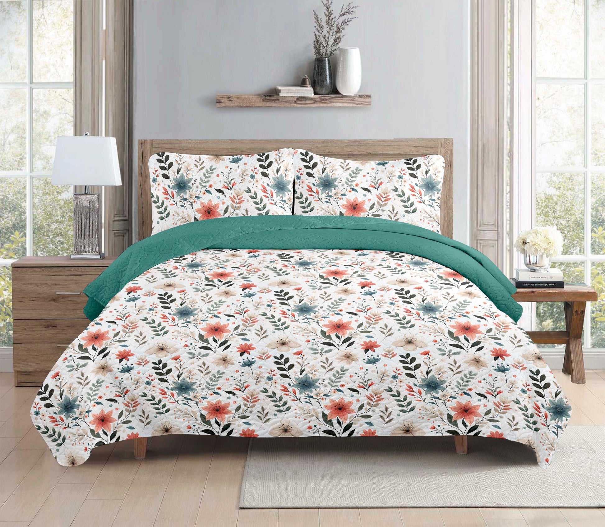 Bohemian Watercolour Pastel Floral Printed Cotton Reversible Summer Lightweight Quilt Set
