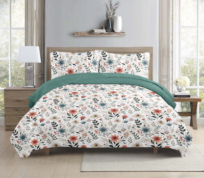 Bohemian Watercolour Pastel Floral Printed Cotton Reversible Summer Lightweight Quilt Set