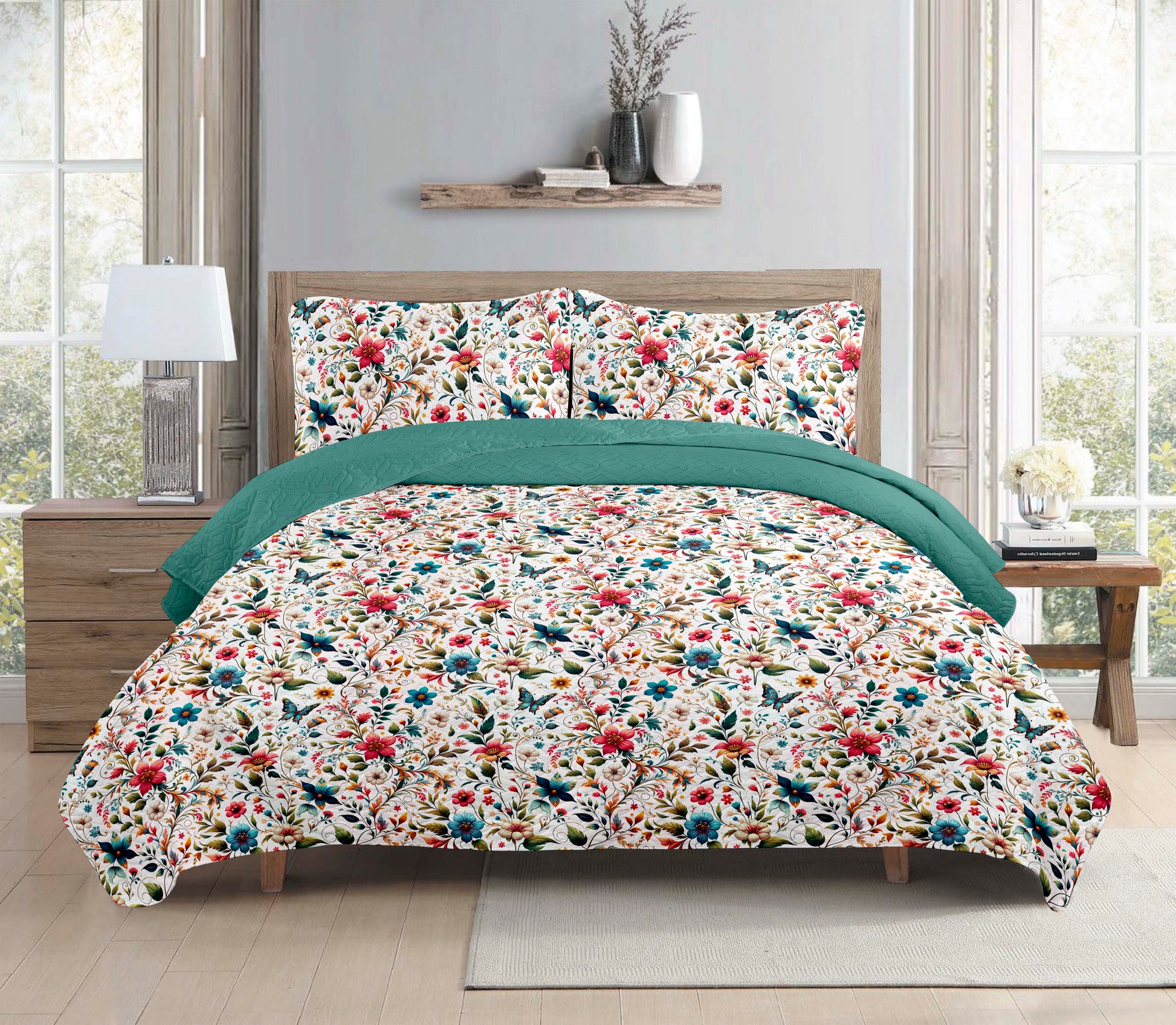 Boho Dream Floral Printed Cotton Reversible Summer Lightweight Quilt Set
