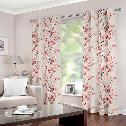 Red Cherry Blossom Floral Printed Curtain Set