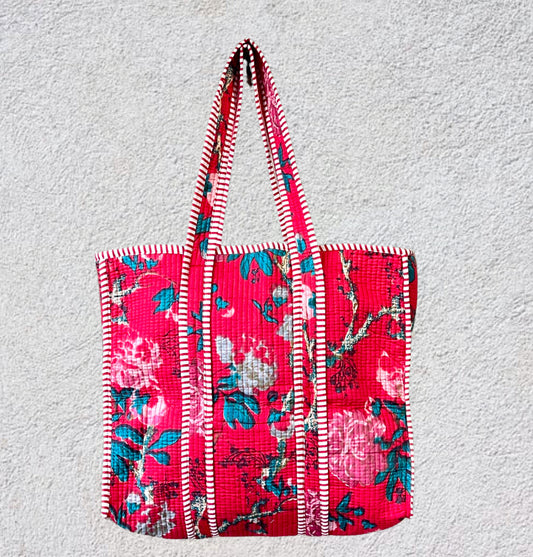 Handmade Boho Cotton Red Floral Quilted Bags Beach Tote Bag