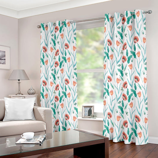 Red Green Rose Floral Printed Eyelet Curtain