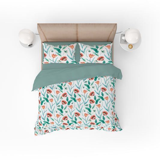 Rose Floral Quilt Cover Set - Serene Blooms on White with Teal and Green Accents King Size