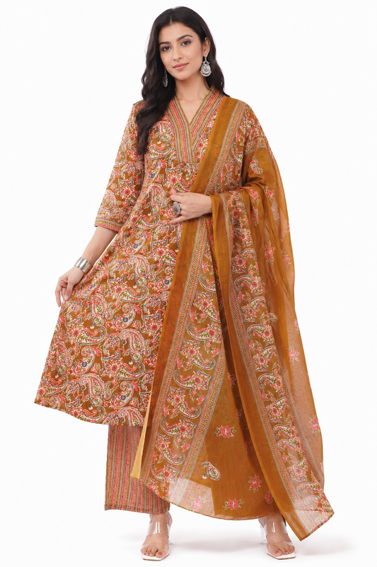 Women Cotton Ethnic Mustard Paisley Anarkali Style 3 Piece Kurti Palazzo Set With Dupatta