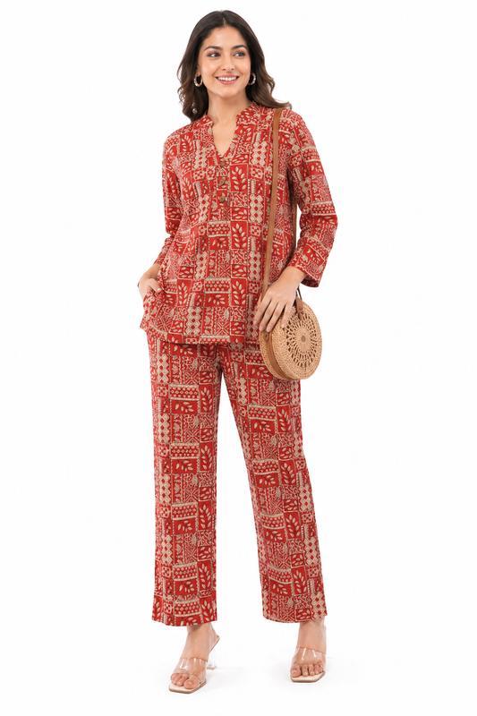 Antique Rust Floral Printed Women 2 Piece Cotton Co-Ord Set