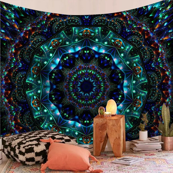 Universe Teal Indian Mandala Tapestry Psychedelic Wall Hanging Boho Decor