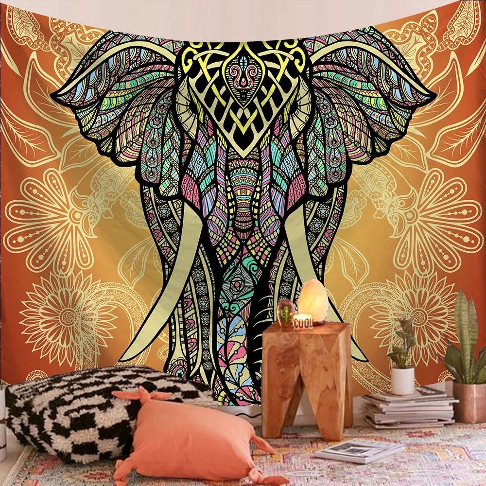 Indian Mandala Tapestry Psychedelic Yellow Elephant Wall Hanging Boho Decor - Adore India   