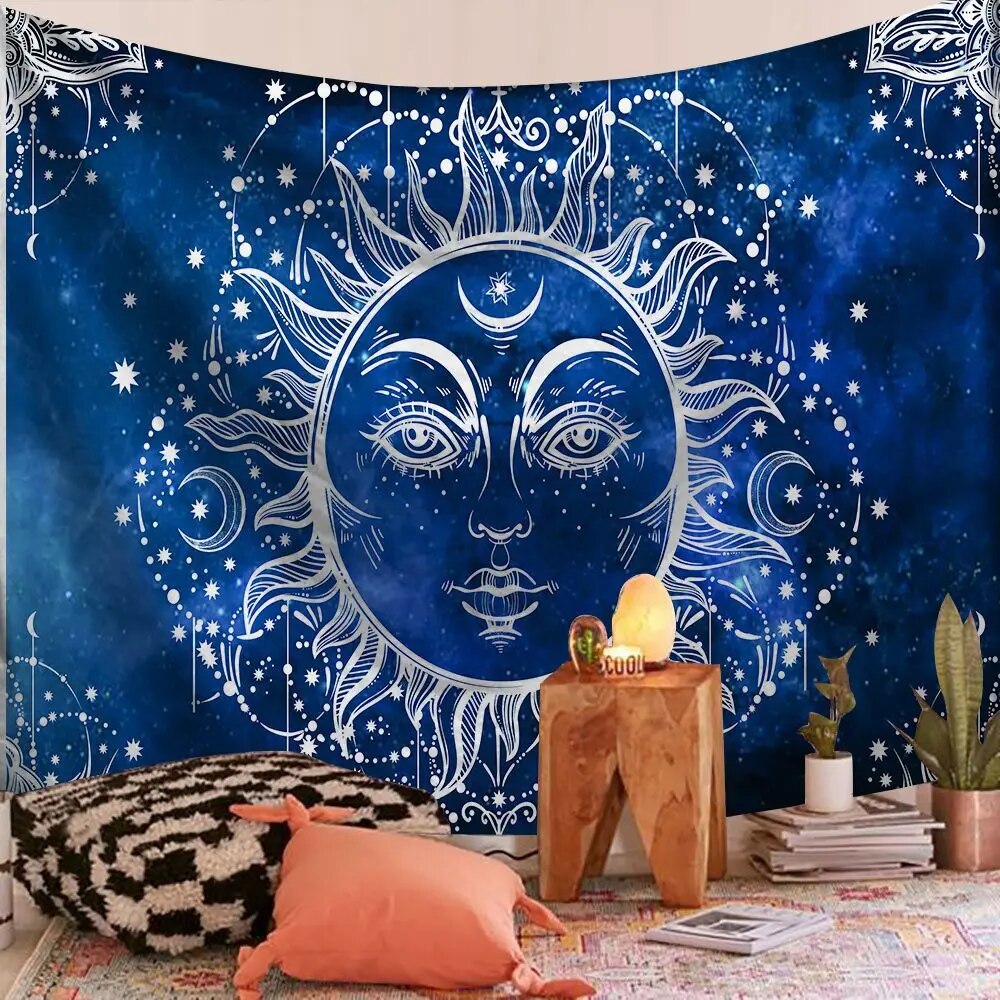 Indian Mandala Tapestry Blue Sun Psychedelic Wall Hanging Boho Decor - Adore India   