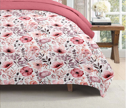 Bohemian Rose Pink Floral Printed Cotton Reversible Summer Lightweight Quilt Set