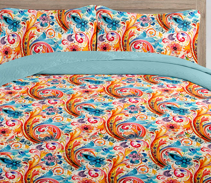 Boho Turquoise Abstract Printed Cotton Reversible Summer Lightweight Quilt Set - Adore India   