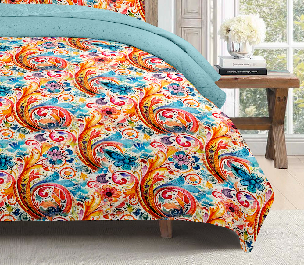 Boho Turquoise Abstract Printed Cotton Reversible Summer Lightweight Quilt Set