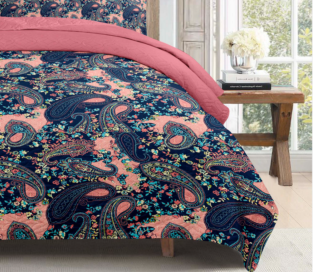 Pink Paisley Printed Cotton Reversible Summer Lightweight Quilt Set