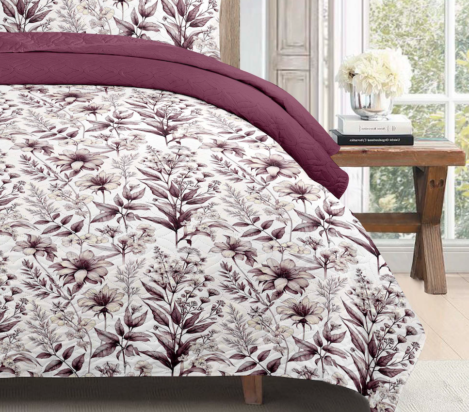 Burgundy Autumn Floral Printed Cotton Reversible Summer Lightweight Quilt Set