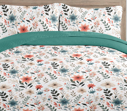 Bohemian Watercolour Pastel Floral Printed Cotton Reversible Summer Lightweight Quilt Set