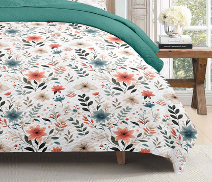 Bohemian Watercolour Pastel Floral Printed Cotton Reversible Summer Lightweight Quilt Set - Adore India   