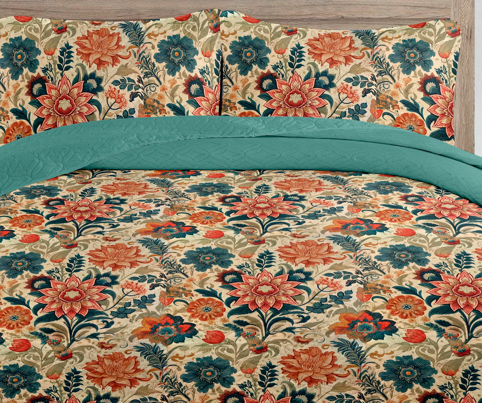 Indian Batik Floral Floral Printed Cotton Reversible Summer Lightweight Quilt Set