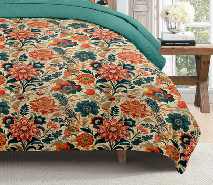 Indian Batik Floral Floral Printed Cotton Reversible Summer Lightweight Quilt Set