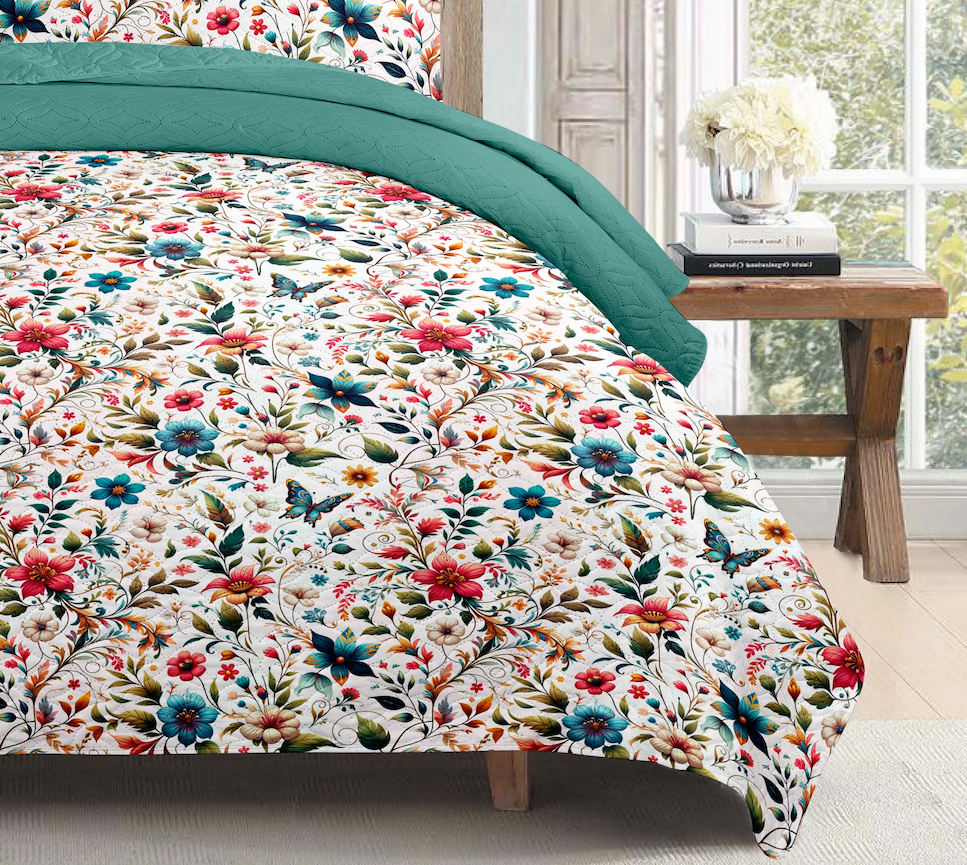 Boho Dream Floral Printed Cotton Reversible Summer Lightweight Quilt Set