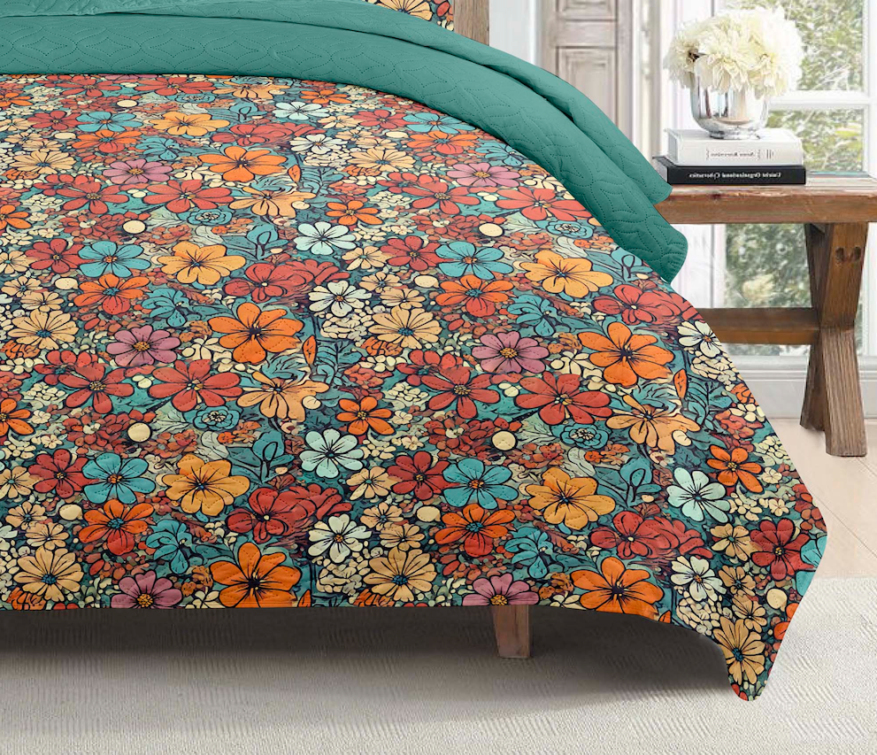 Indian Boho Batik Block Floral Printed Cotton Reversible Summer Lightweight Quilt Set