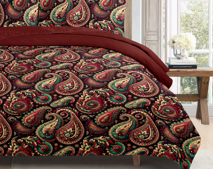 Royal Burgundy Paisley Printed Cotton Reversible Summer Lightweight Bedspread Quilt Set