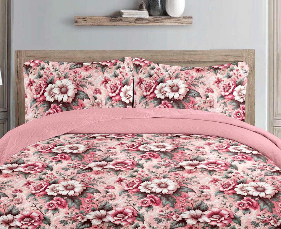 Vintage Pink Rose Printed Cotton Reversible Summer Lightweight Bedspread Quilt Set