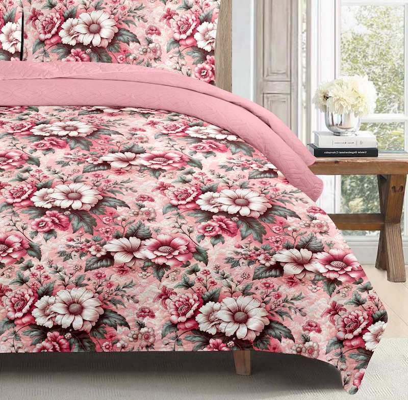 Vintage Pink Rose Printed Cotton Reversible Summer Lightweight Bedspread Quilt Set
