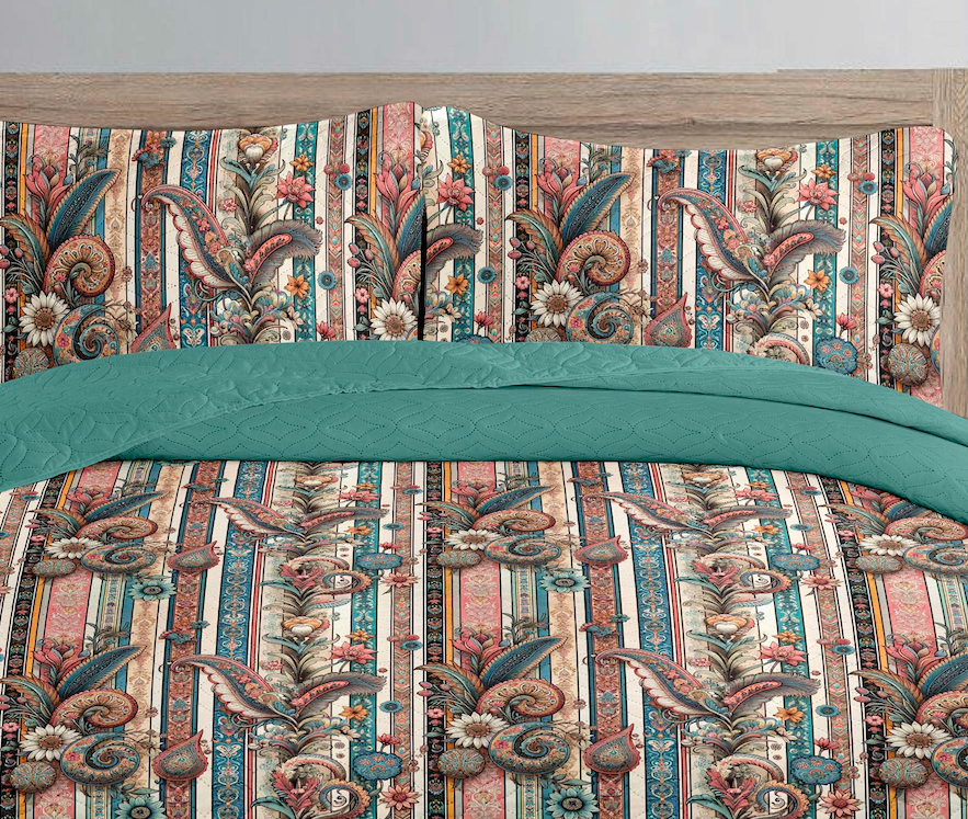 Vintage Stripe Paisley Printed Cotton Reversible Summer Lightweight Bedspread Quilt Set