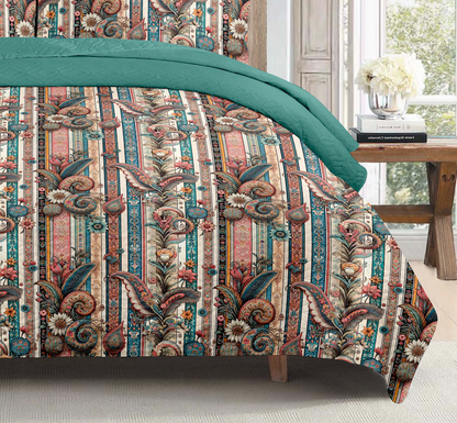 Vintage Stripe Paisley Printed Cotton Reversible Summer Lightweight Bedspread Quilt Set
