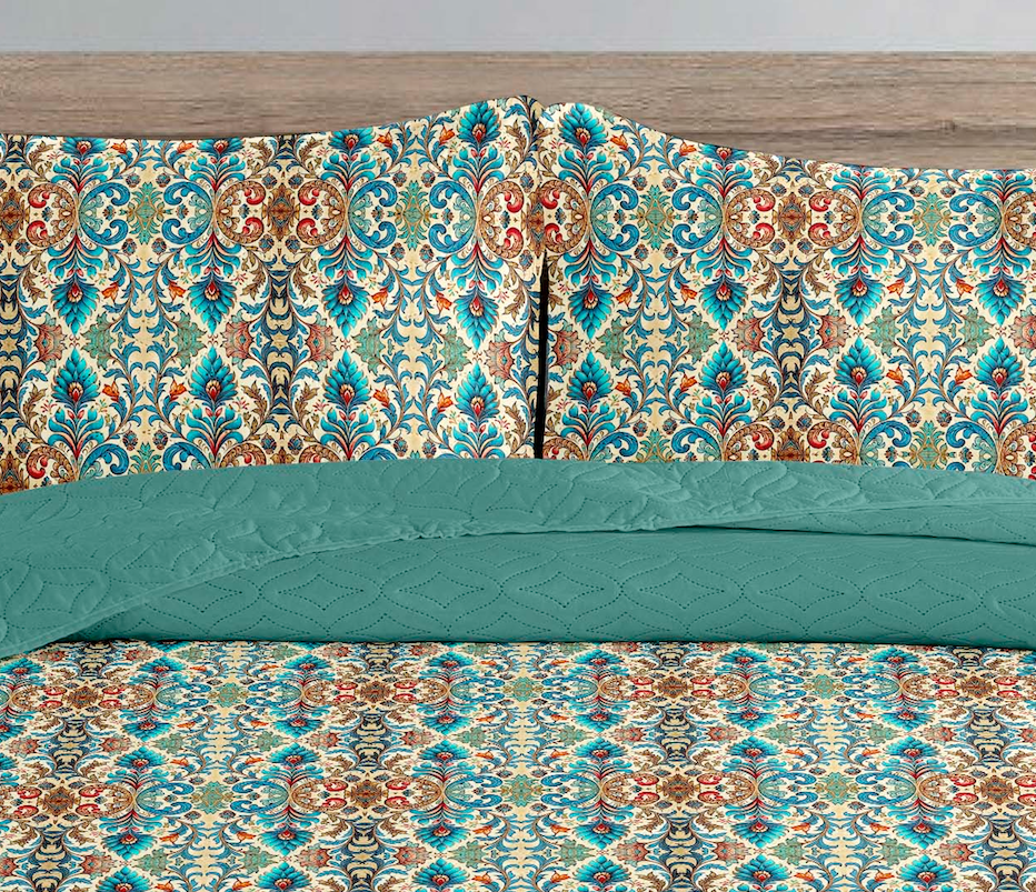 Vintage Teal Ikat Paisley Printed Cotton Reversible Summer Lightweight Bedspread Quilt Set