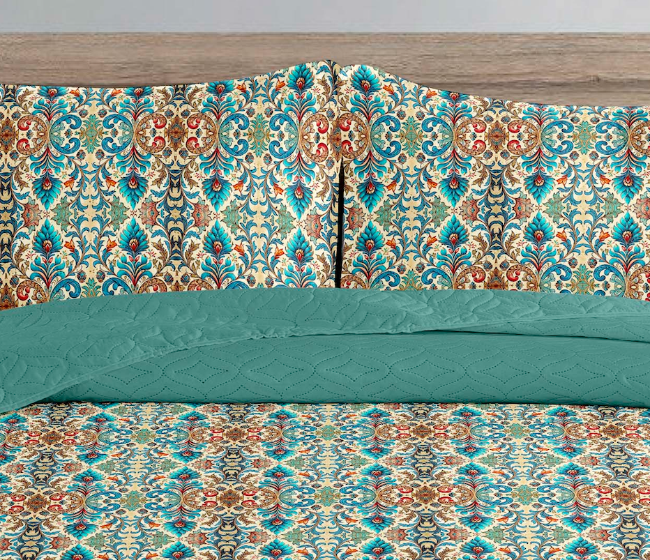 Vintage Teal Ikat Paisley Printed Cotton Reversible Summer Lightweight Bedspread Quilt Set - Adore India   