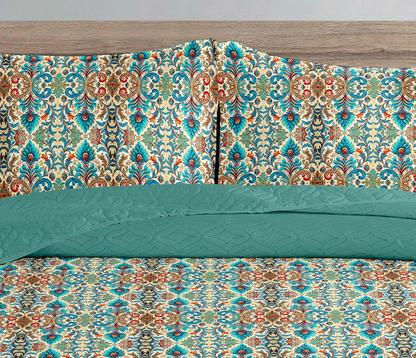 Vintage Teal Ikat Paisley Printed Cotton Reversible Summer Lightweight Bedspread Quilt Set