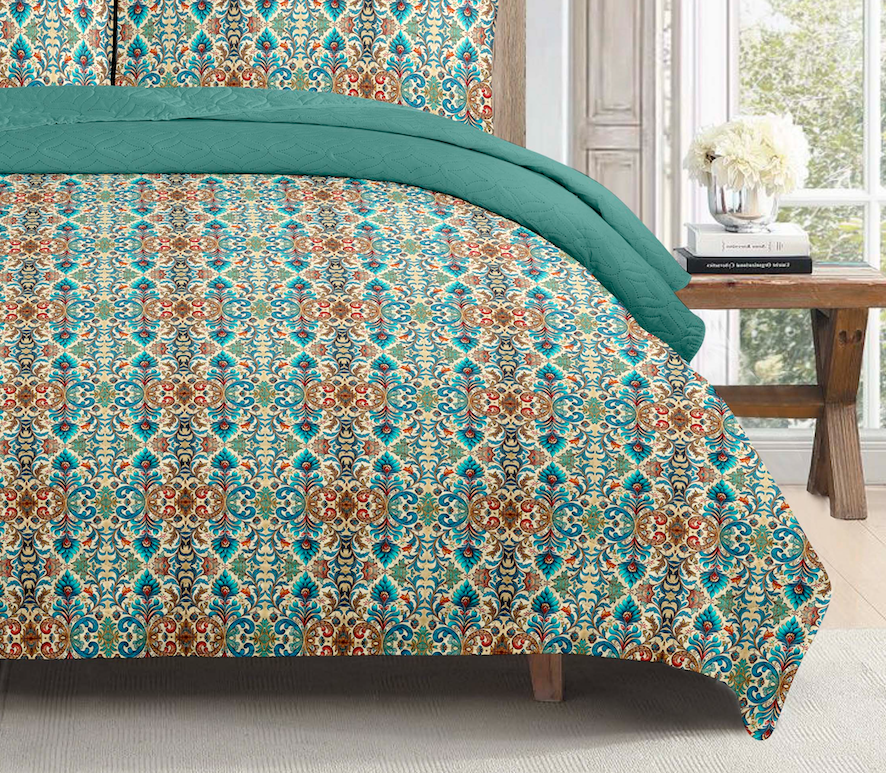 Vintage Teal Ikat Paisley Printed Cotton Reversible Summer Lightweight Bedspread Quilt Set