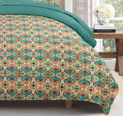 Vintage Red Teal Ikat Paisley Printed Cotton Reversible Summer Lightweight Bedspread Quilt Set - Adore India   