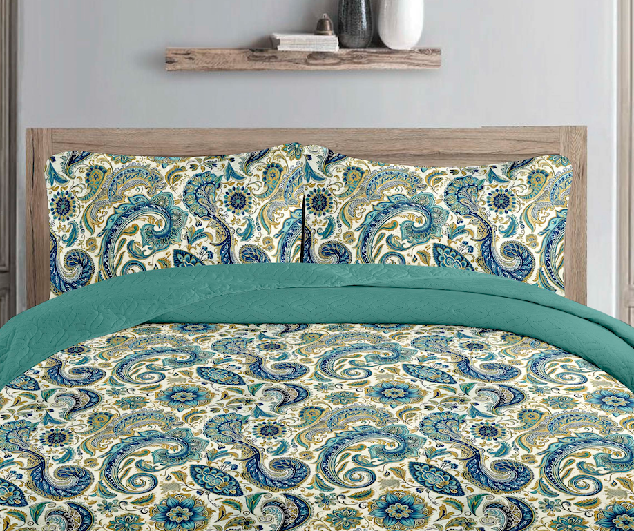 Turquoise Paisley Printed Cotton Reversible Summer Lightweight Bedspread Quilt Set